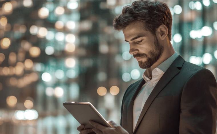 Executivo usando tablet em ambiente urbano noturno