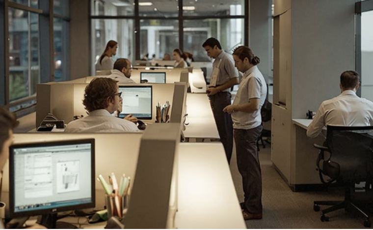 Escritório corporativo com equipes trabalhando